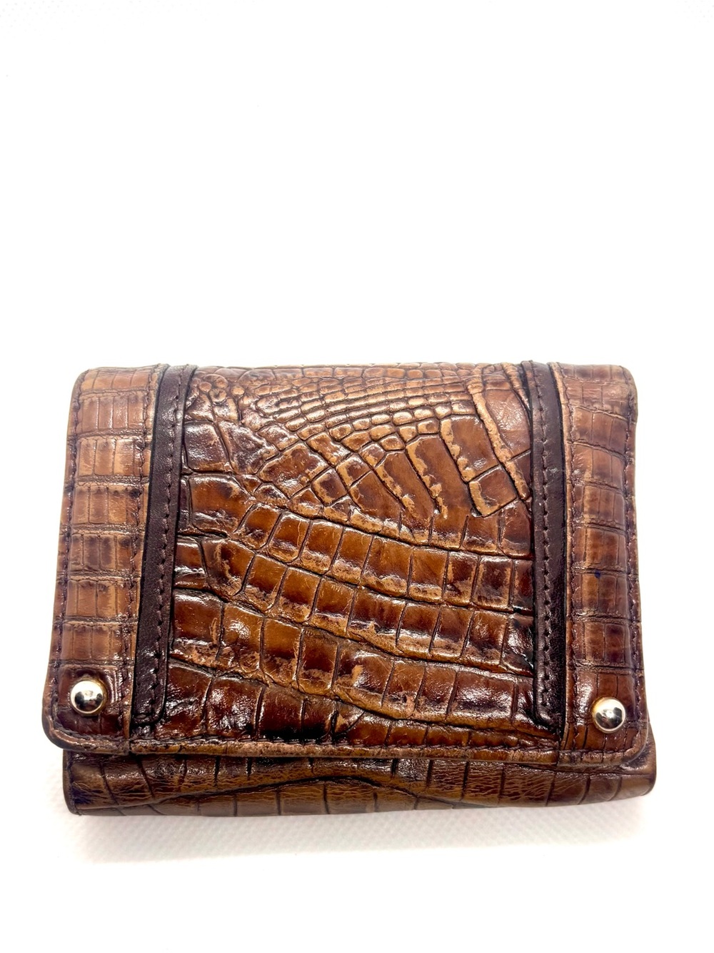 Vintage BRAHMIN Croc-Embossed Tri Fold Wallet Gen. Leather